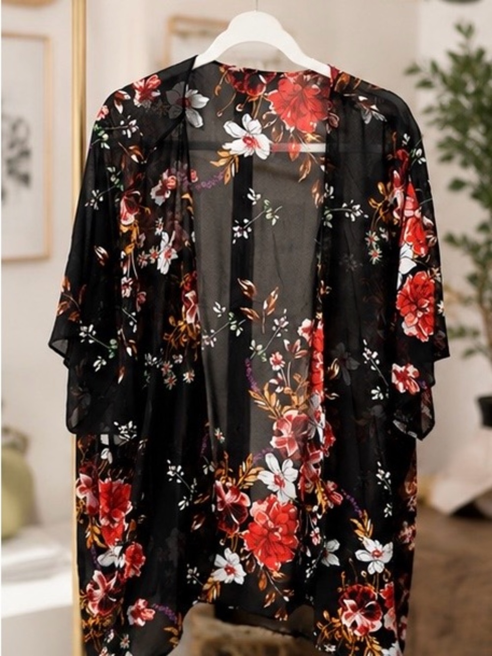 Gomorn Black Floral Sheer Kimono | Size Large | Boho Beach Cover-Up | Open Front